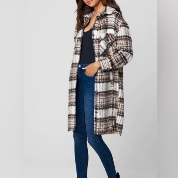 BLANK NYC I Feel You Long Plaid Shacket XS/Small Pink White Green - Picture 2 of 5